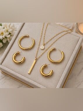 ✨ Gold Layered Necklace & Hoop Earring Minimalist Set 💫